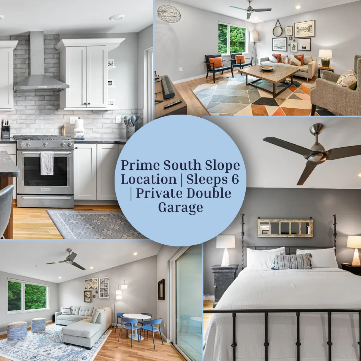 The image showcases a sunlit, open-concept kitchen with gleaming stainless steel appliances, a vibrant living area anchored by a colorful rug, and a glimpse of a stylish bedroom with a large window letting in natural light. The scene radiates comfort and modern charm, inviting guests to cook, relax, and wake up refreshed in an urban setting.